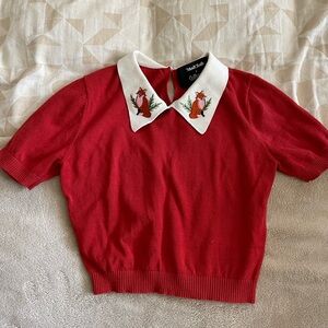 ModCloth Red Knit Top with White Embroidered Fox Collar
